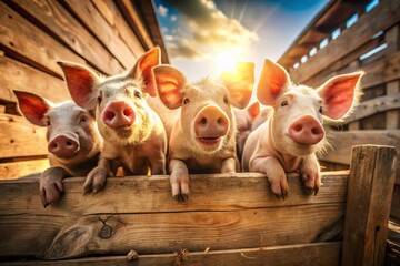 Hilarious Pigs in a Rustic Pigpen: Funny Farm Animals Stock Photo