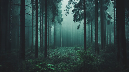 A forest with trees and a foggy atmosphere