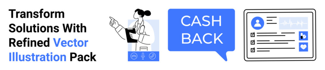 Woman presenting interactive digital solutions, cashback speech bubble, and user profile interface. Ideal for business, finance, e-commerce, marketing, technology, user engagement flat landing page