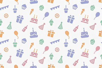 Fototapeta premium Seamless pastel birthday party pattern with cake, cupcake, balloon, gift icons.