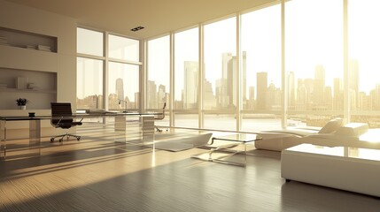 Modern office with city view, sunlight streaming through large windows.
