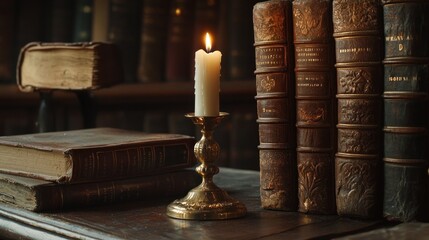 Lit candle on antique brass candlestick beside aged leather-bound books in dimly lit library.