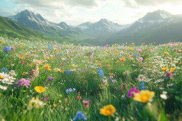 Obraz premium Vibrant wildflowers bloom in a lush meadow, set against a majestic mountain backdrop.