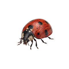 Fototapeta premium Colorful ladybug with glossy shell delicately perched on invisible surface vibrant red contrasting against white background