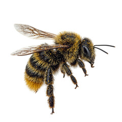 Close up of a bumblebee covered in pollen with translucent wings and striped abdomen isolated on white