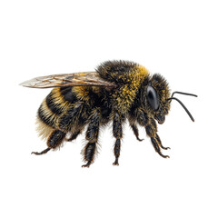 Close up of a bumblebee covered in pollen with translucent wings and striped abdomen isolated on white