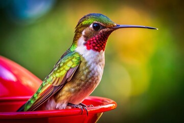 Fototapeta premium Hummingbird at Feeder - Low Light Photography - Vibrant Colors