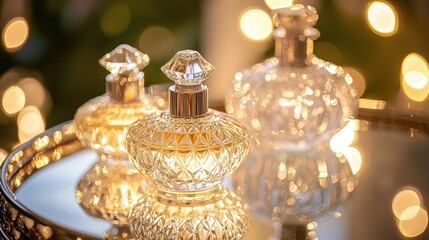 Fototapeta premium Three elegant crystal perfume bottles on a mirrored tray with bokeh lights.