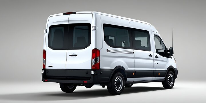 Rear view of a modern white cargo van with a minimalistic design, isolated on a neutral background, showcasing its clean exterior, transportation functionality, and delivery purpose.


