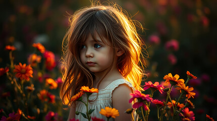Young girl with flowing hair in vibrant flower field. AI image