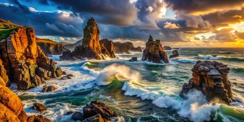 Fototapeta premium Dramatic coastal rock formations: stunning sea stacks, textured ocean rocks, and rugged seascapes.