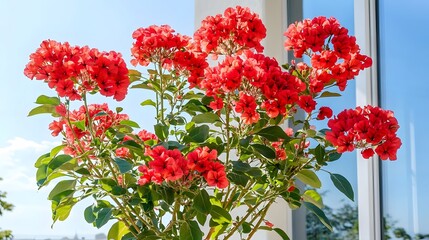 Fototapeta premium Vibrant Red Flowers Blooming Bush Garden Plant