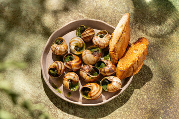 Traditional baked escargot with herbs and crusty bread