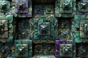 Complex 3D square arrangement with intricate geometric patterns in shades of metallic silver, green, and purple