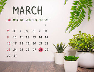 28 March calendar month text on wooden blocks. Calendar month concept
