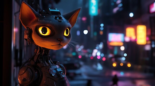 A futuristic robotic cat with glowing eyes, standing on a busy neon-lit street at night, showcasing advanced technology in an urban environment