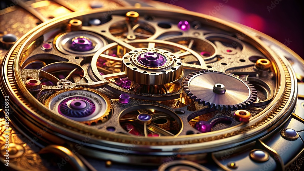 Poster intricate clockwork mechanism with sparkling jewels - close-up stock photo