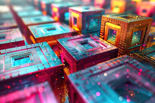 A mosaic of colorful geometric patterns and abstract squares, interwoven in a futuristic 3D design - Powered by Adobe