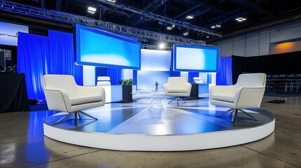 Modern Conference Stage Design: Elegant Setup with Blue Lighting and White Chairs