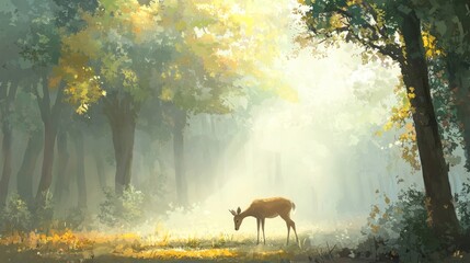 Deer grazing in sunlit forest clearing. (1)