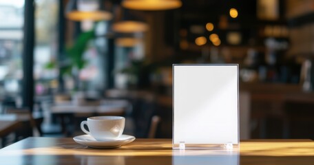 Minimalist white blank menu holder stand in glass on a wooden table with a blurred office background, a mockup template for a design presentation