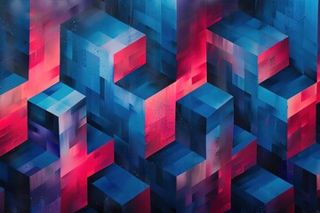 Obraz premium Colorful, abstract geometric patterns with overlapping cubes and gradients of electric blue, red, and black