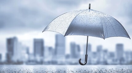Wet umbrella over cityscape.