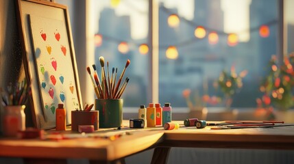 Artist's workspace with paints, brushes, and canvas at sunset.