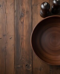 Elegant wooden bowls and a pepper grinder on a rustic dark wood table, showcasing natural textures and warm tones, perfect for kitchen, dining, and culinary aesthetics.

