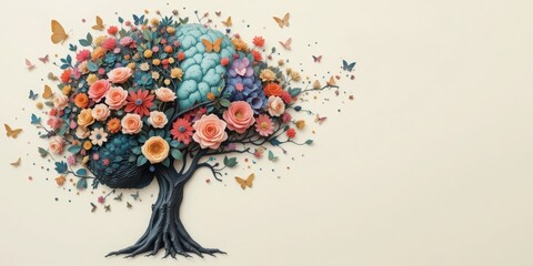 Blooming Tree with Flowers and Butterflies on Beige Background