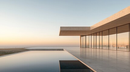 Modern minimalist house with infinity pool at sunrise.