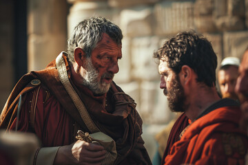 Obraz premium Betrayal of Judas Iscariot discussing his deal with Roman priests in Jerusalem in a historical biblical representation of Easter