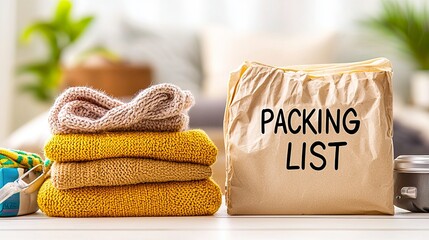 A neatly folded stack of sweaters next to a labeled packing list, creating an organized travel atmosphere.