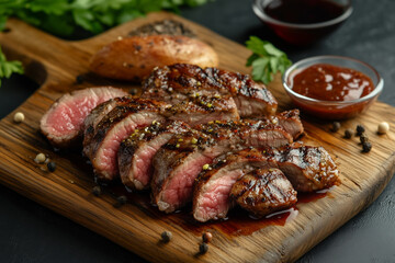 Sliced grilled steak Strip-loin on dark background on a grey table. Top view
