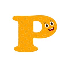 Letra P maiúscula com fundo cor laranja personalizado com estrelas e rosto sorriso para alfabetização infantil