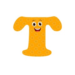 Letra T maiúscula com fundo cor laranja personalizado com estrelas e rosto sorriso para alfabetização infantil