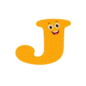 Letra J mai&uacute;scula com fundo cor laranja personalizado com estrelas e rosto sorriso para alfabetiza&ccedil;&atilde;o infantil