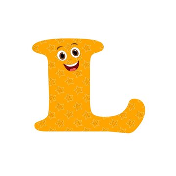 Letra L mai&uacute;scula com fundo cor laranja personalizado com estrelas e rosto sorriso para alfabetiza&ccedil;&atilde;o infantil