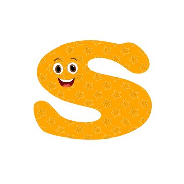 Letra S mai&uacute;scula com fundo cor laranja personalizado com estrelas e rosto sorriso para alfabetiza&ccedil;&atilde;o infantil
