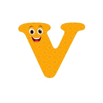 Letra V mai&uacute;scula com fundo cor laranja personalizado com estrelas e rosto sorriso para alfabetiza&ccedil;&atilde;o infantil