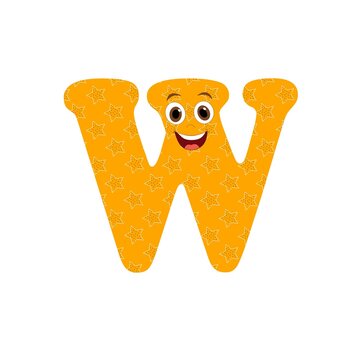 Letra W mai&uacute;scula com fundo cor laranja personalizado com estrelas e rosto sorriso para alfabetiza&ccedil;&atilde;o infantil