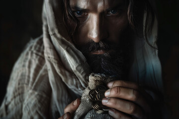 Judas Iscariot the Traitor clutching silver coins in a historical biblical portrayal of disloyalty and deception on Holy Wednesday