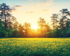 Obraz premium Sunset Meadow Forest Landscape