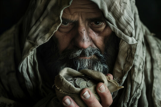 Judas Iscariot the Traitor holding a bag of silver coins as a sign of betrayal and greed in Christian Easter tradition