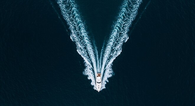 Aerial View of Speedboat Cruising on Dark Blue Water with White Wake - Powered by Adobe