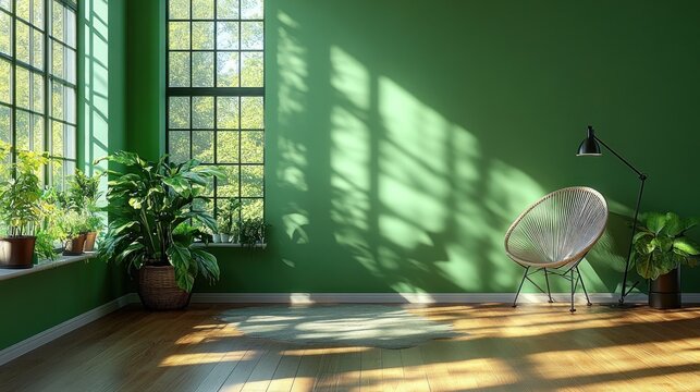 Sunny Green Room with Plants and Chair