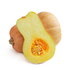 Ripe pumpkins isolated on white. Vegetarianism. Organic orange pumpkins and slices. Vitamins. Autumn. Healthy food.