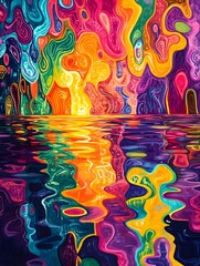 Vibrant Surreal Landscape with Fluid Reflections and Glowing Cosmic Atmosphere