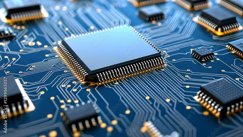 Poster high tech microchip and circuit technology exploring electronics and hardware in blue designs