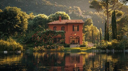 Obraz premium Lakeside Italian villa at sunset, lush gardens.